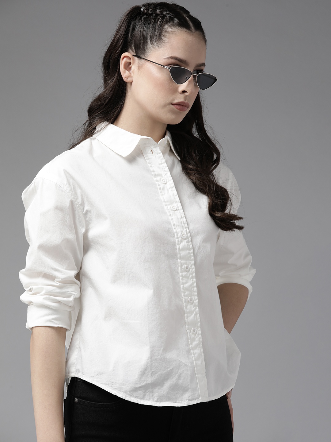 

The Roadster Lifestyle Co. Oversized Pure Cotton Shirt with Gathered Yoke, White