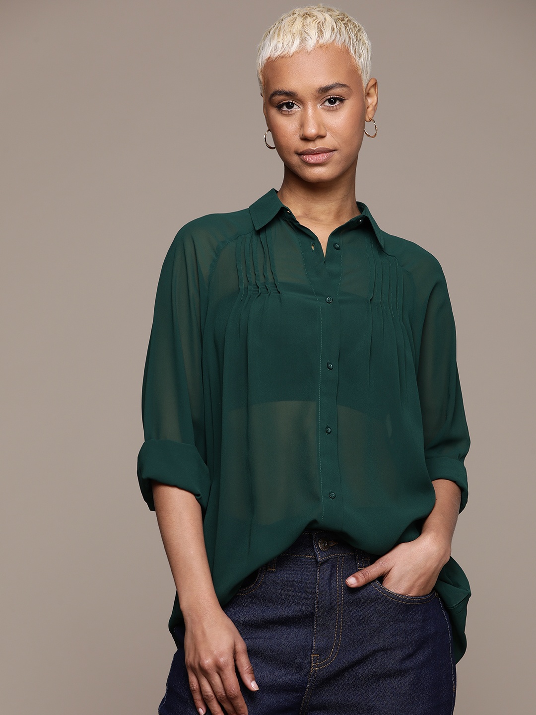 

The Roadster Lifestyle Co. Sheer Spread Collar Pleated Detail Shirt, Green