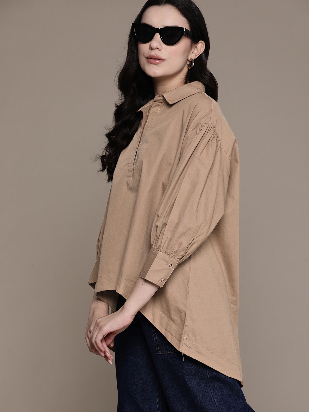 

The Roadster Lifestyle Co. Women Pure Cotton High-Low Casual Shirt, Brown