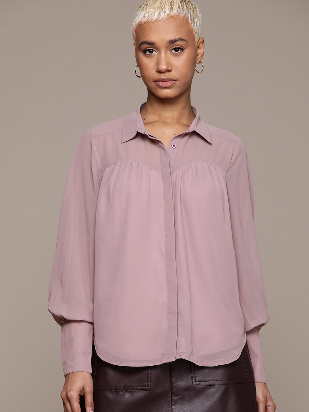 

The Roadster Lifestyle Co. Semi Sheer Bishop Sleeves Shirt, Mauve