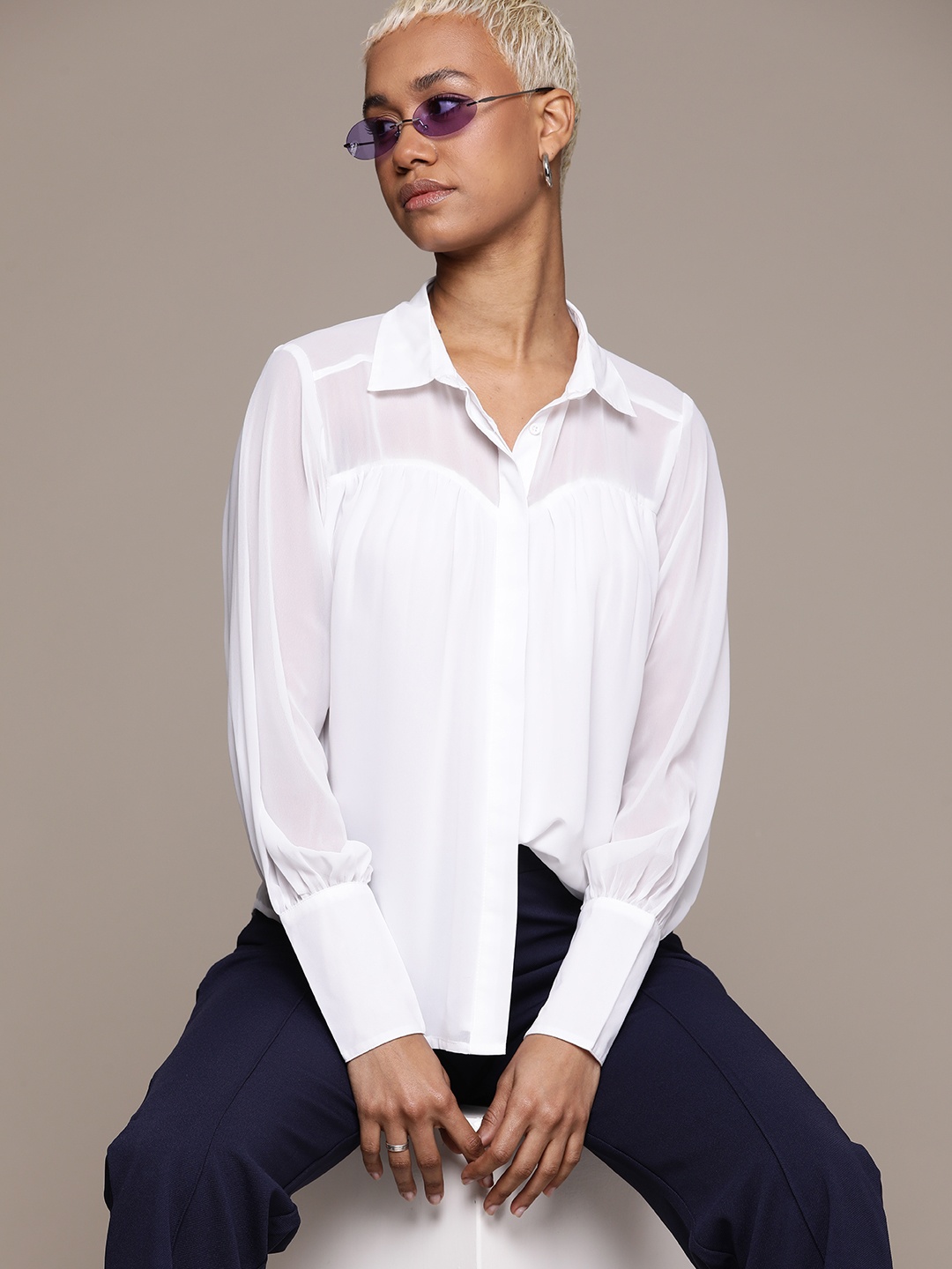 

The Roadster Lifestyle Co. Semi Sheer Spread Collar Shirt, White