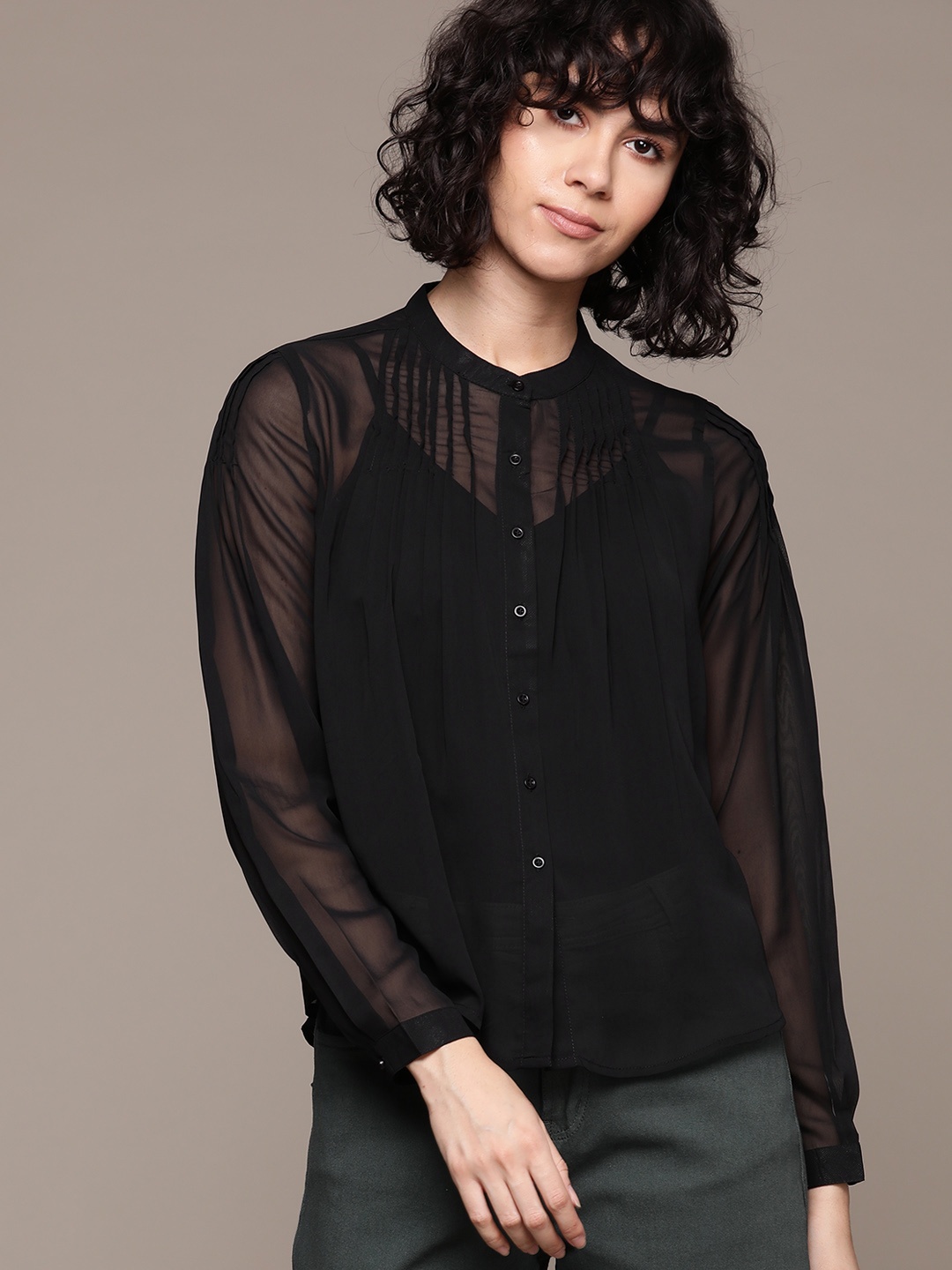 

The Roadster Lifestyle Co. Pin Tucks Detail Sheer Shirt, Black