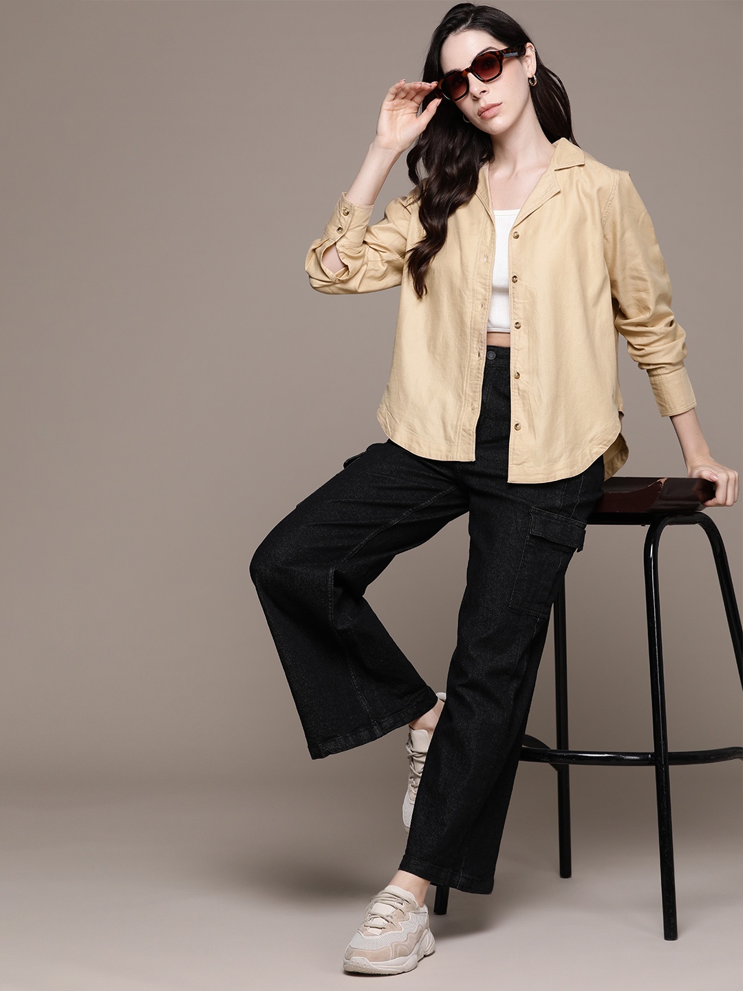 

The Roadster Lifestyle Co. Solid Pleated Detail High-Low Hem Pure Cotton Casual Shirt, Beige