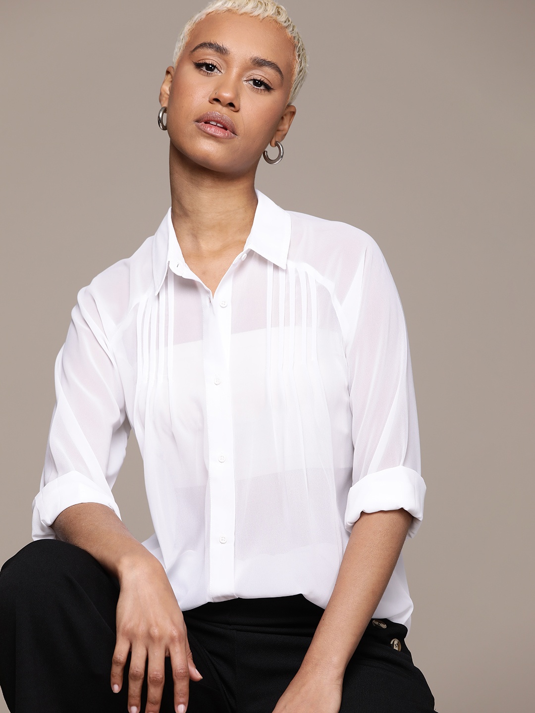 

The Roadster Lifestyle Co. Sheer Spread Collar Pleated Detail Shirt, White
