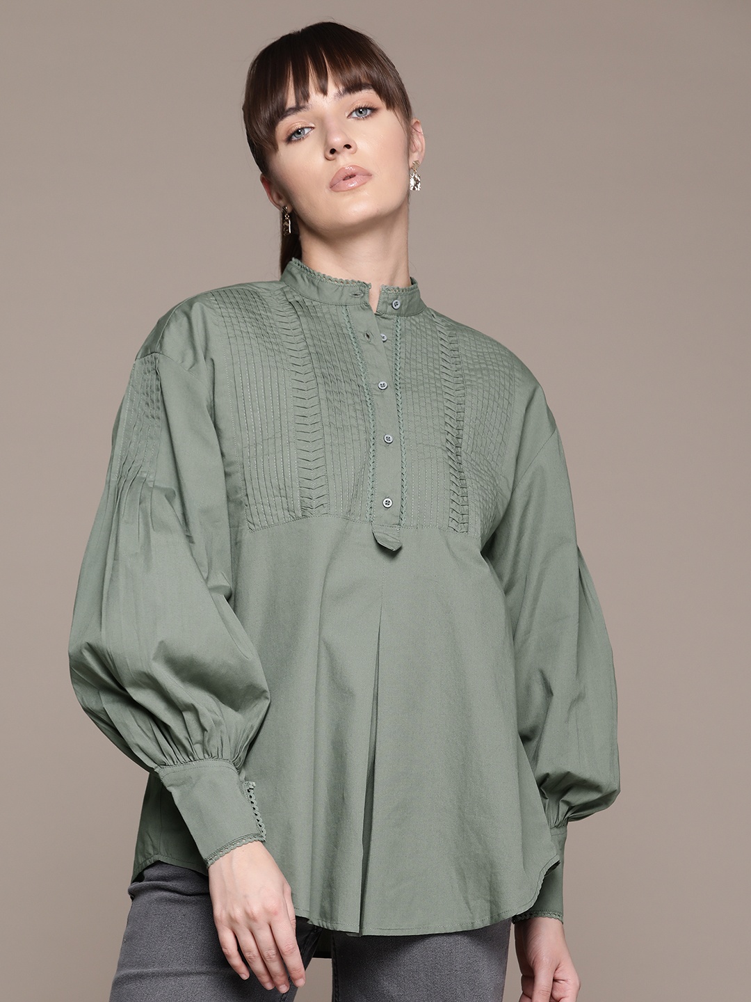 

The Roadster Lifestyle Co. Pure Cotton Boxy Lace & Pintucks Detail Casual Shirt, Green