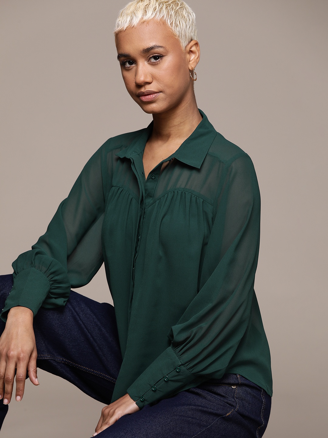 

The Roadster Lifestyle Co. Semi Sheer Spread Collar Shirt, Green