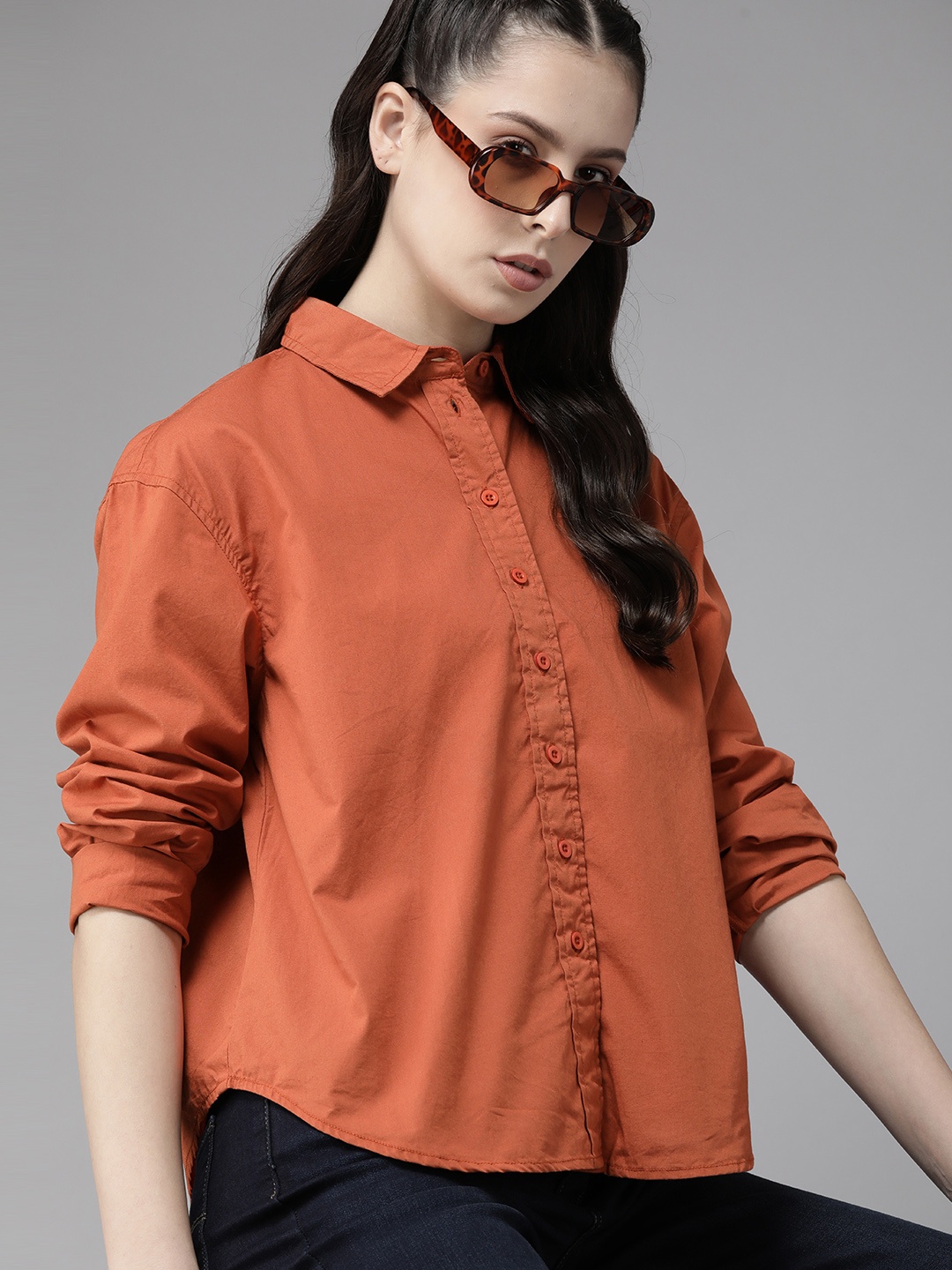 

The Roadster Lifestyle Co. Oversized Pure Cotton Shirt with Gathered Yoke, Rust