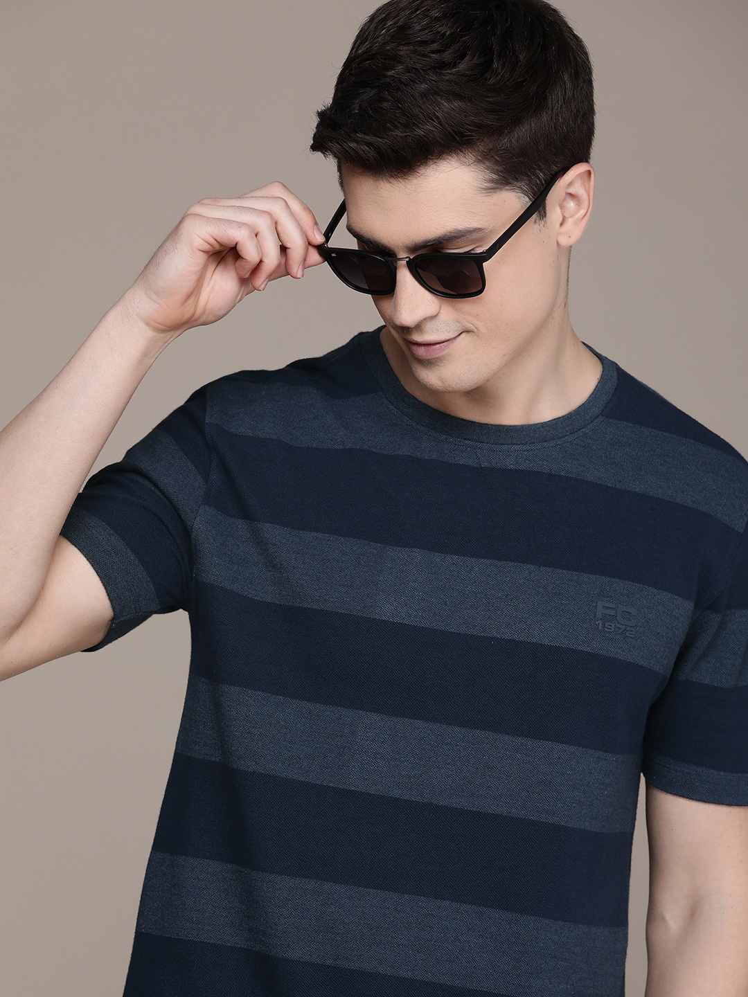 

French Connection Striped Polo Collar Pure Cotton T-shirt, Navy blue