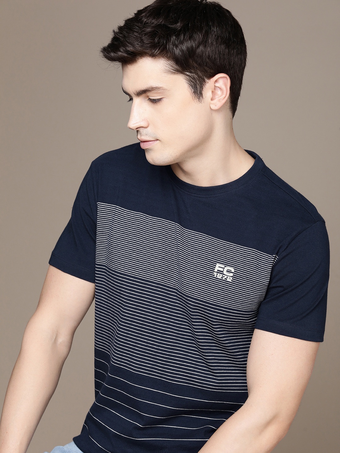 

French Connection Pure Cotton Round neck Striped Casual T-shirt, Navy blue