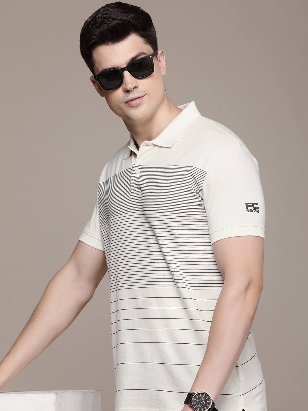 

French Connection Striped Polo Collar Pure Cotton T-shirt, Cream