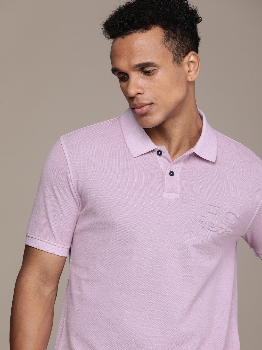 

French Connection Brand Logo Embossed Polo Collar Pure Cotton T-shirt, Lavender