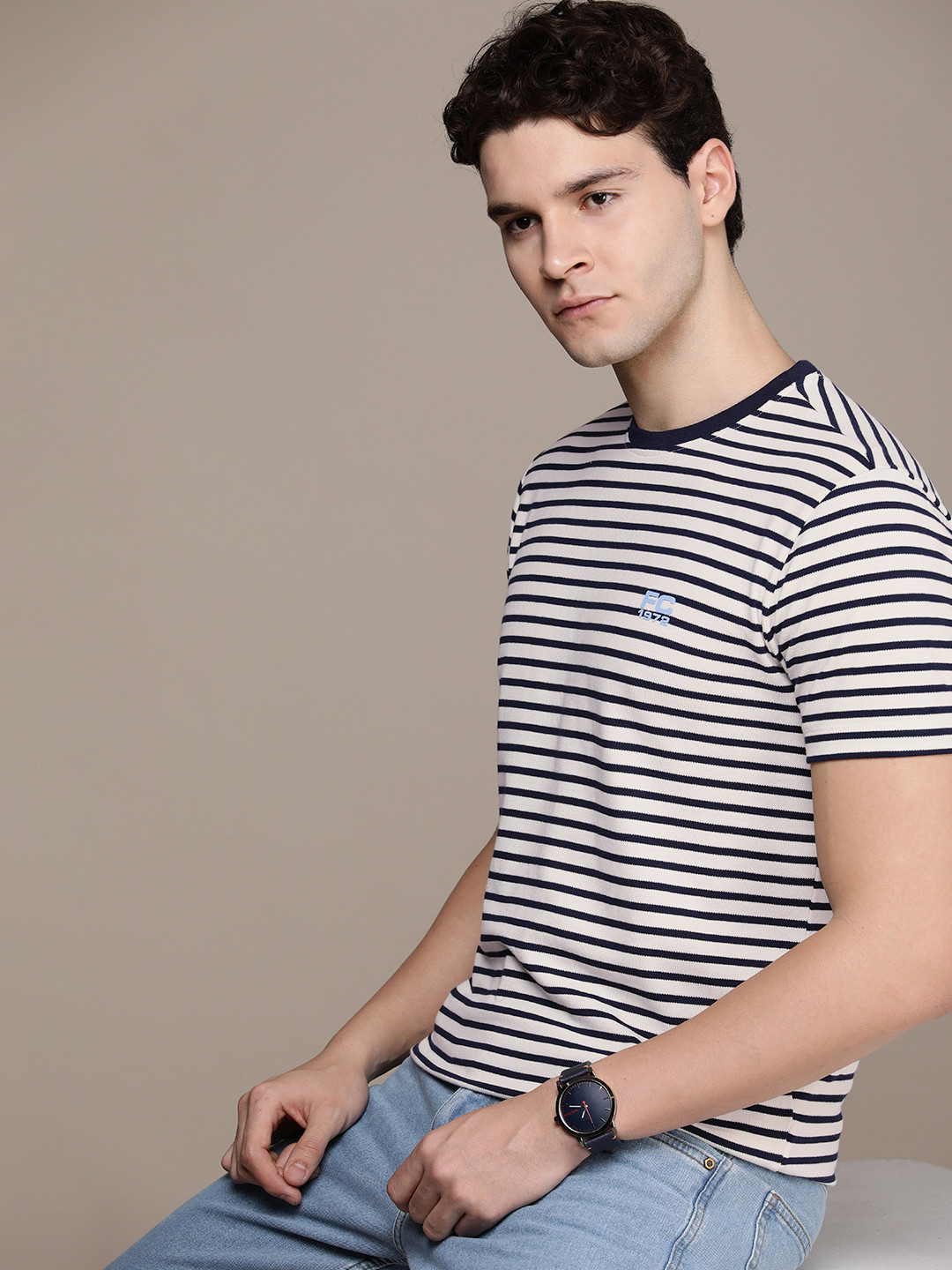 

French Connection Round Neck Striped Pure Cotton T-shirt, Navy blue