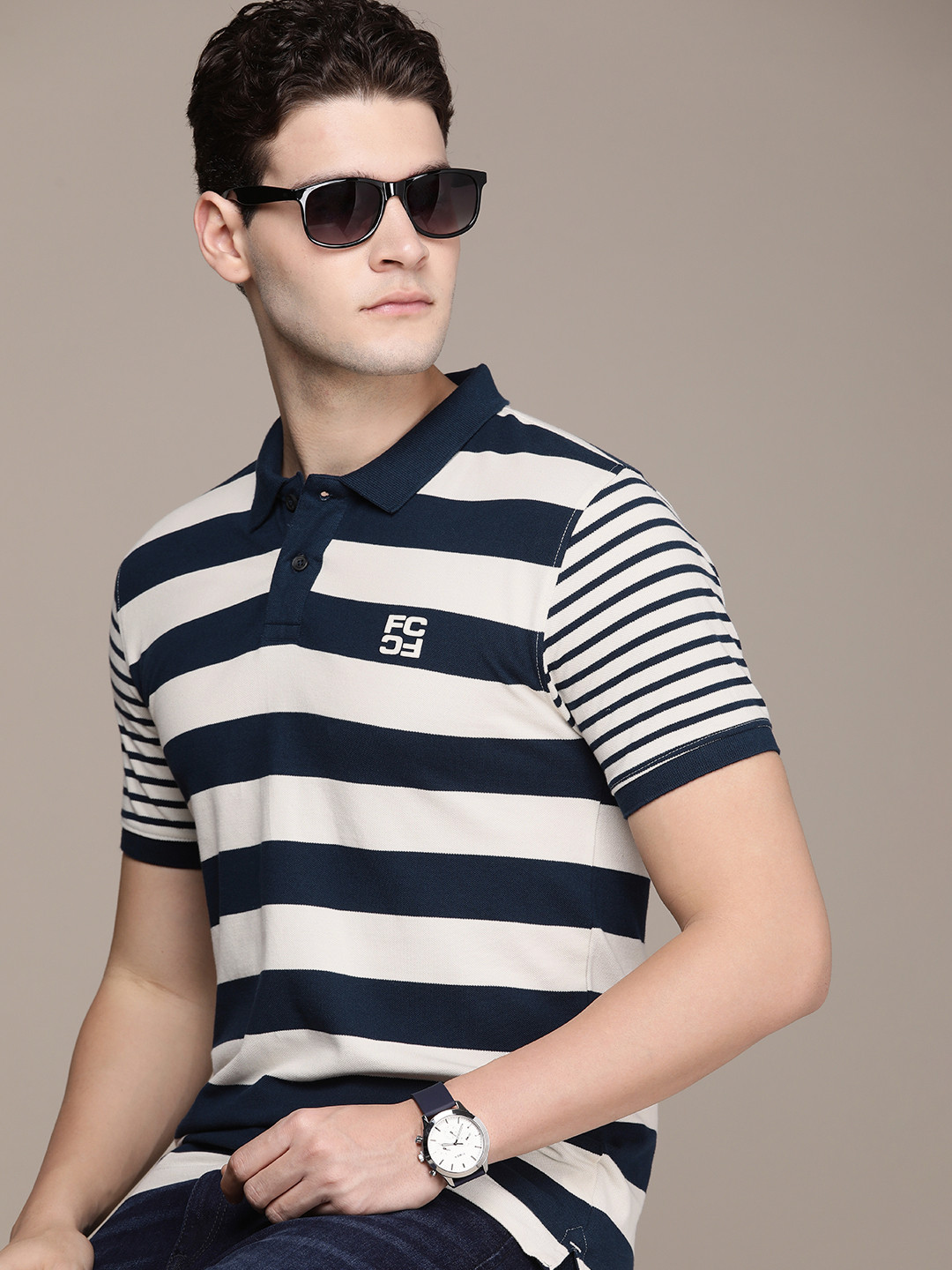 

French Connection Pure Cotton Polo Collar Striped T-shirt, Navy blue