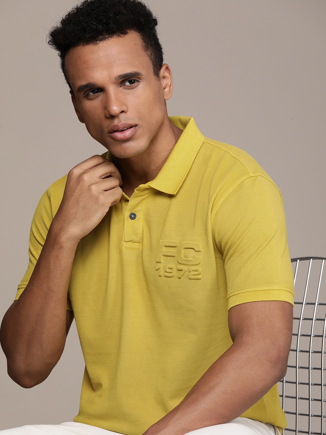 

French Connection Brand Logo Embossed Polo Collar Pure Cotton T-shirt, Fluorescent green