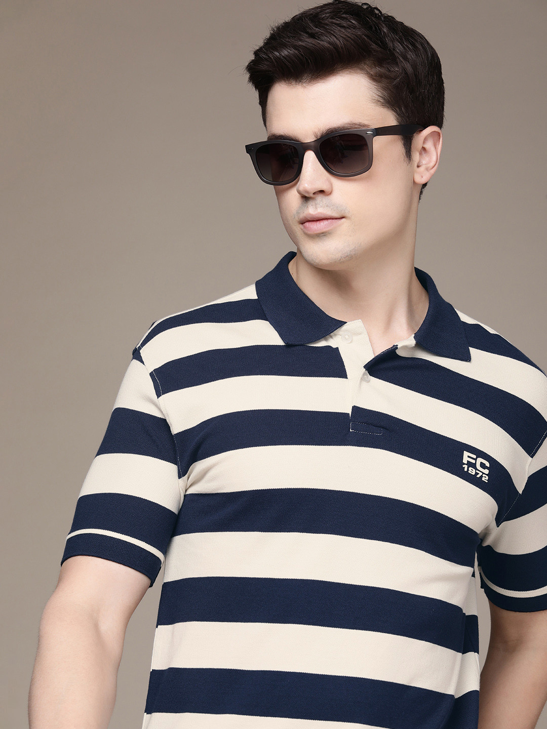 

French Connection Striped Polo Collar Pure Cotton T-shirt, Navy blue