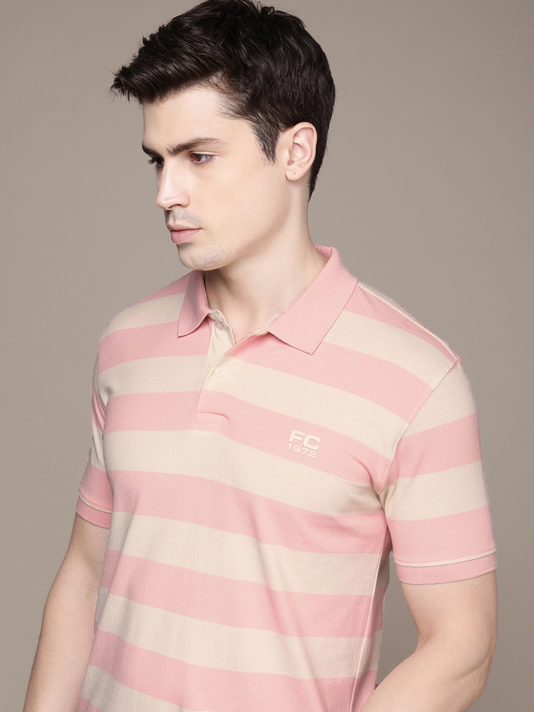 

French Connection Striped Polo Collar Pure Cotton T-shirt, Peach