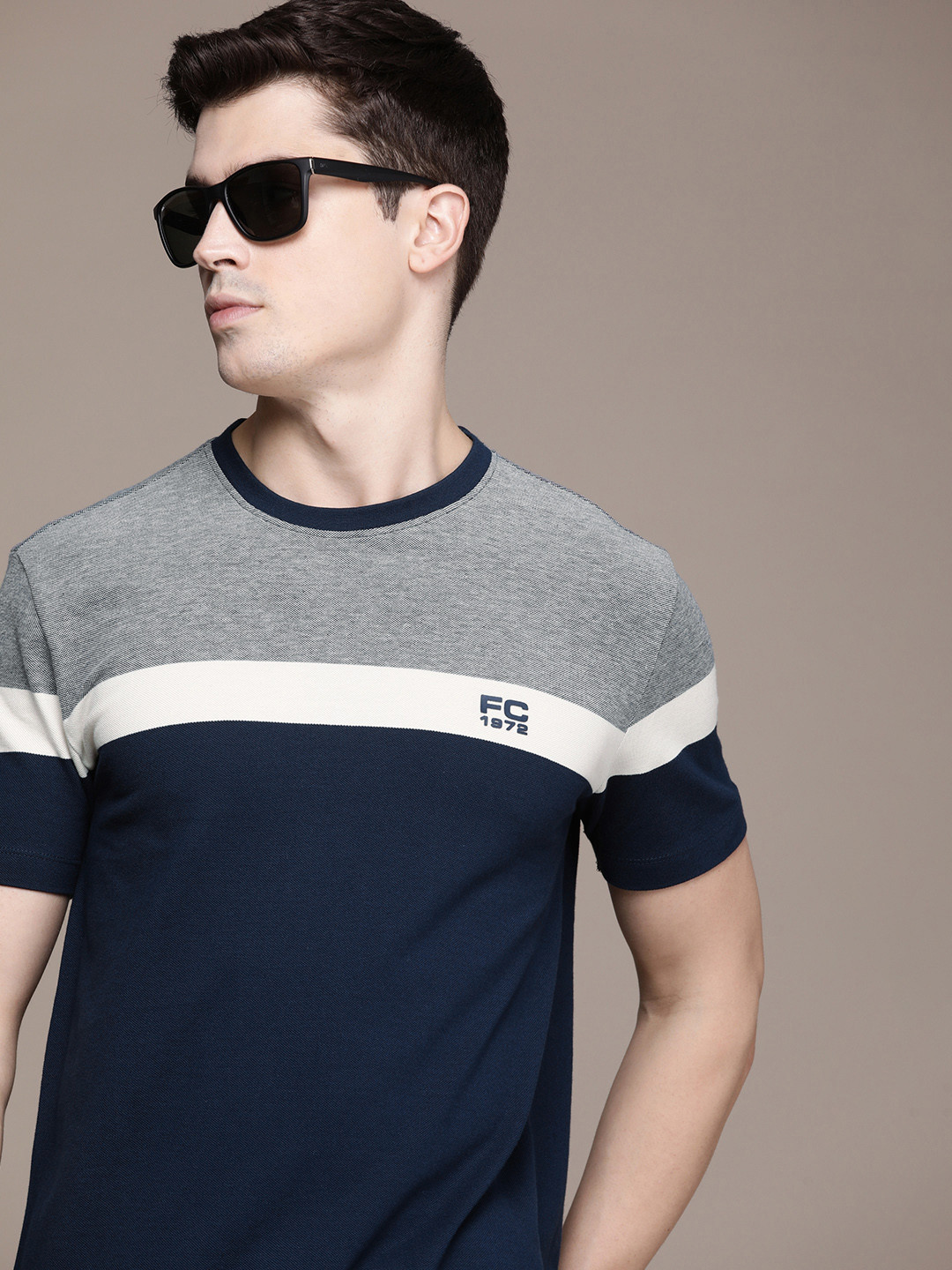 

French Connection Colourblocked Pure Cotton T-shirt, Navy blue