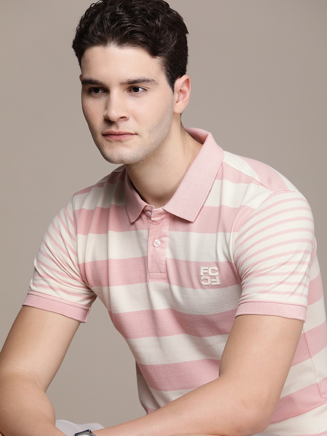 

French Connection Pure Cotton Polo Collar Striped T-shirt, Pink