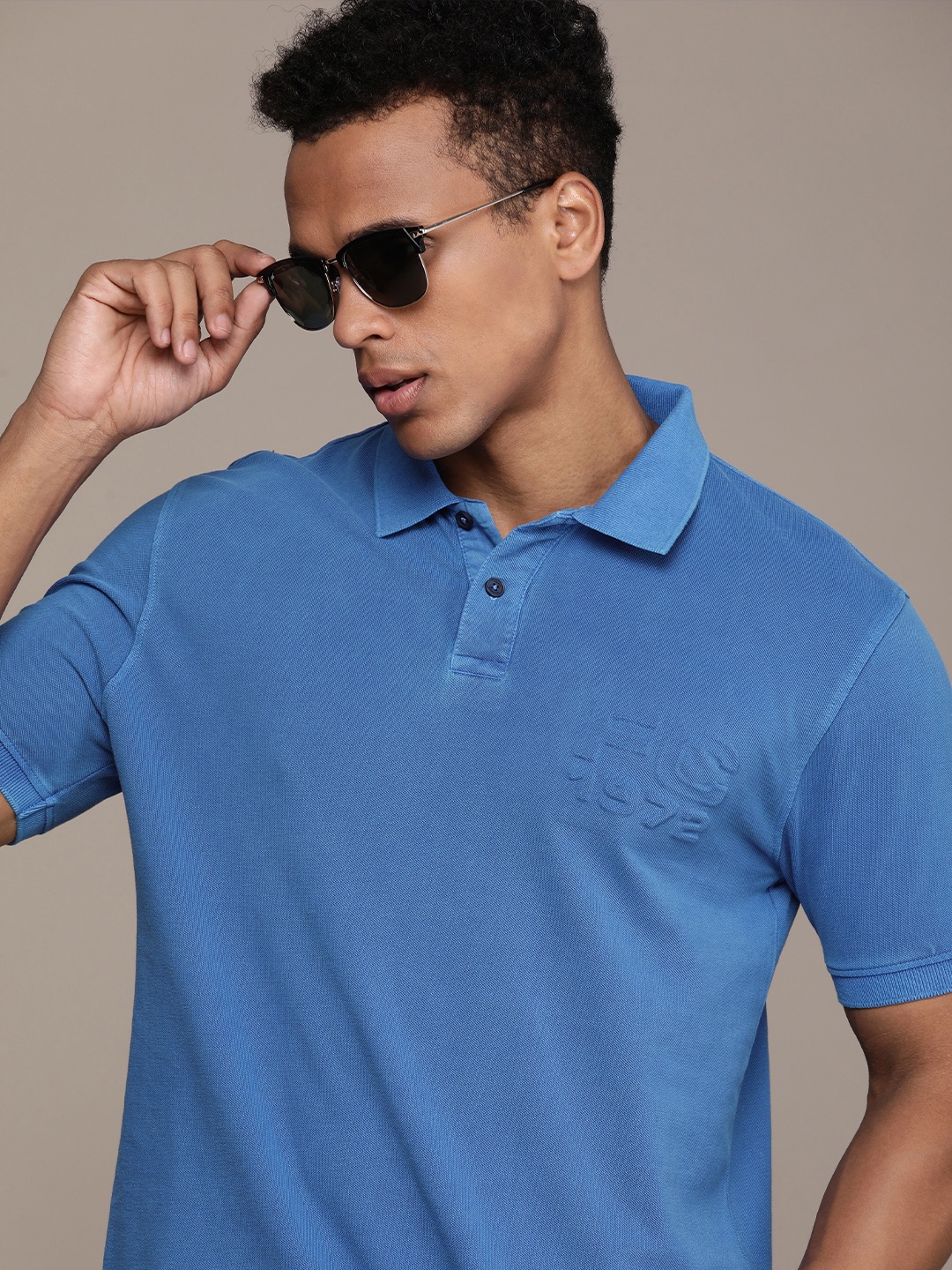 

French Connection Brand Logo Embossed Polo Collar Pure Cotton T-shirt, Blue