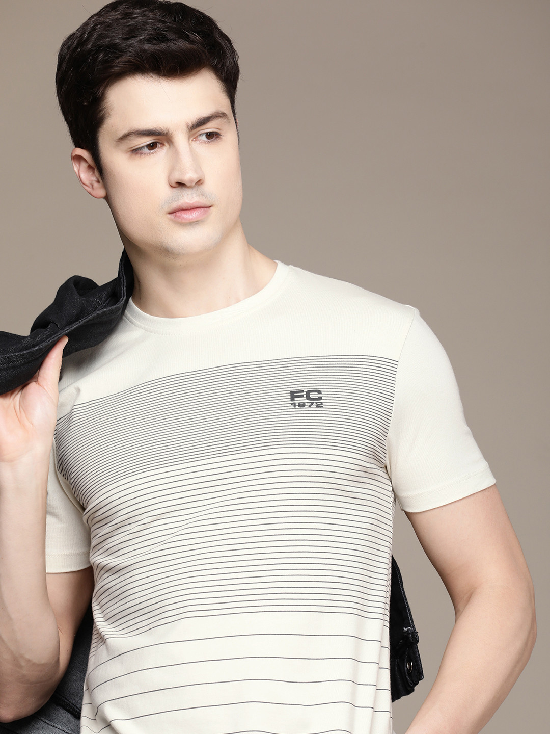 

French Connection Pure Cotton Striped Round Neck Casual T-shirt, Off white
