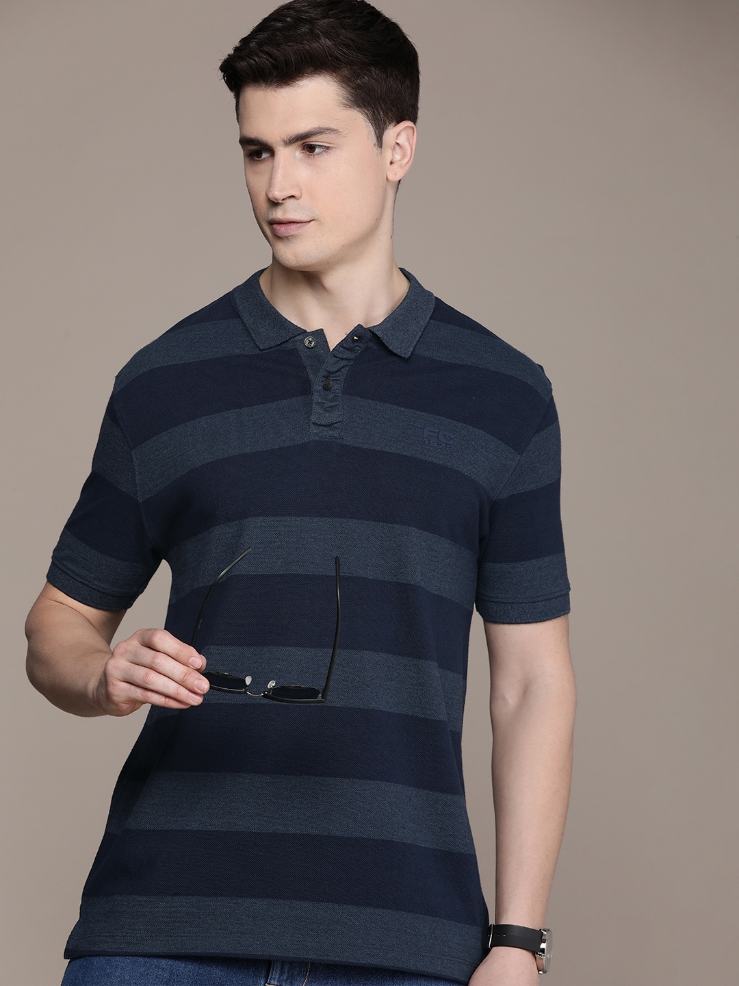 

French Connection Striped Polo Collar Pure Cotton T-shirt, Navy blue