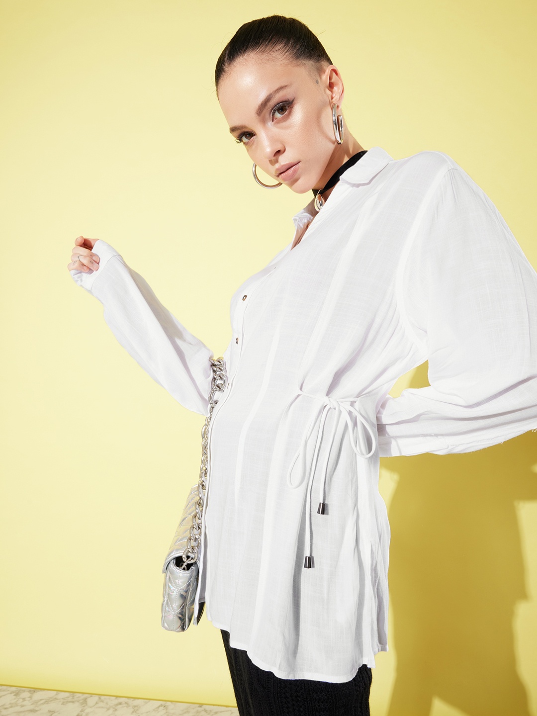 Roadster Women Calm White Oversized Shirt with Tie-Ups