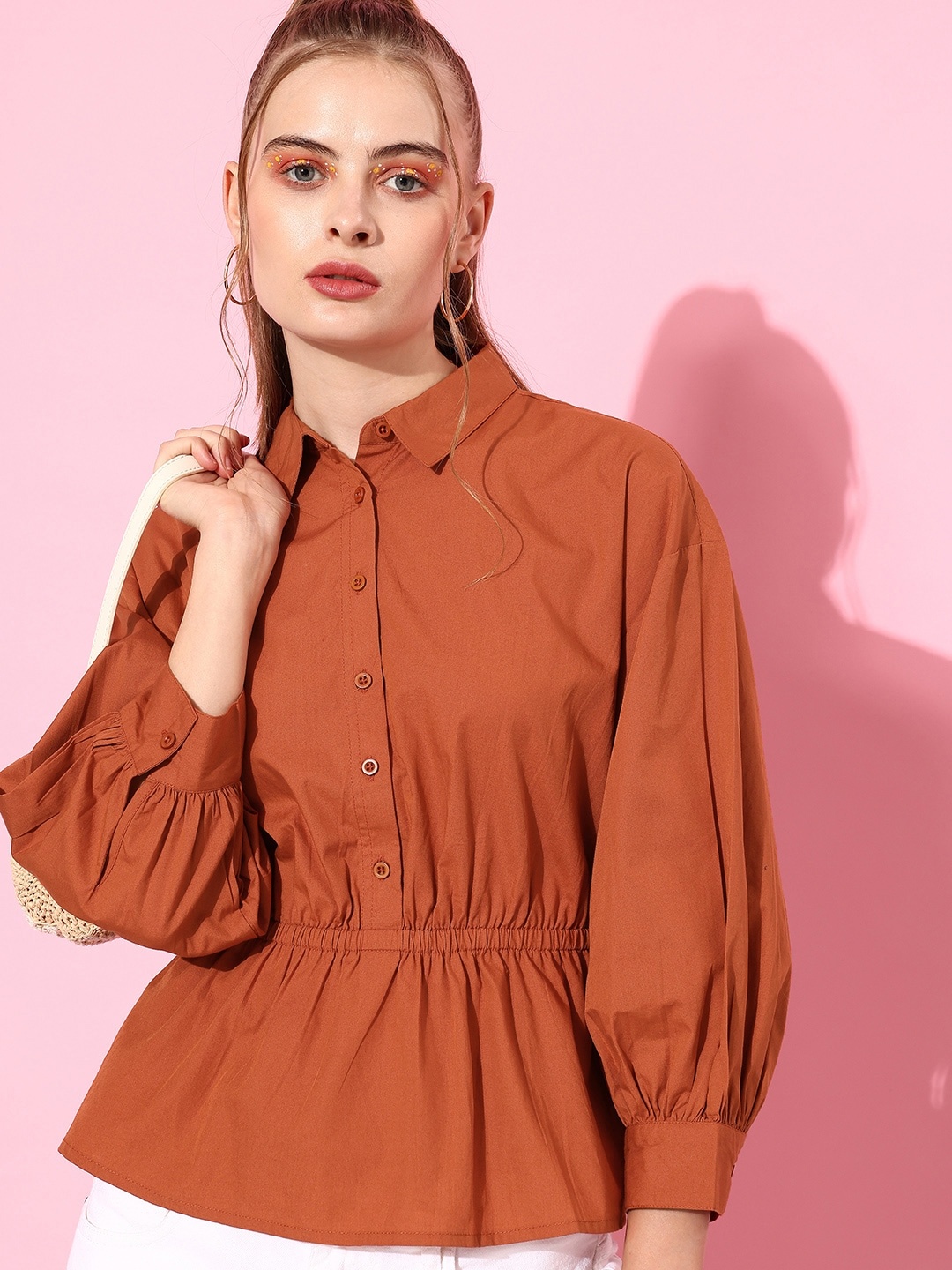

The Roadster Life Co. Rust Orange Solid Pure Cotton Laced up backs Shirt Style Top