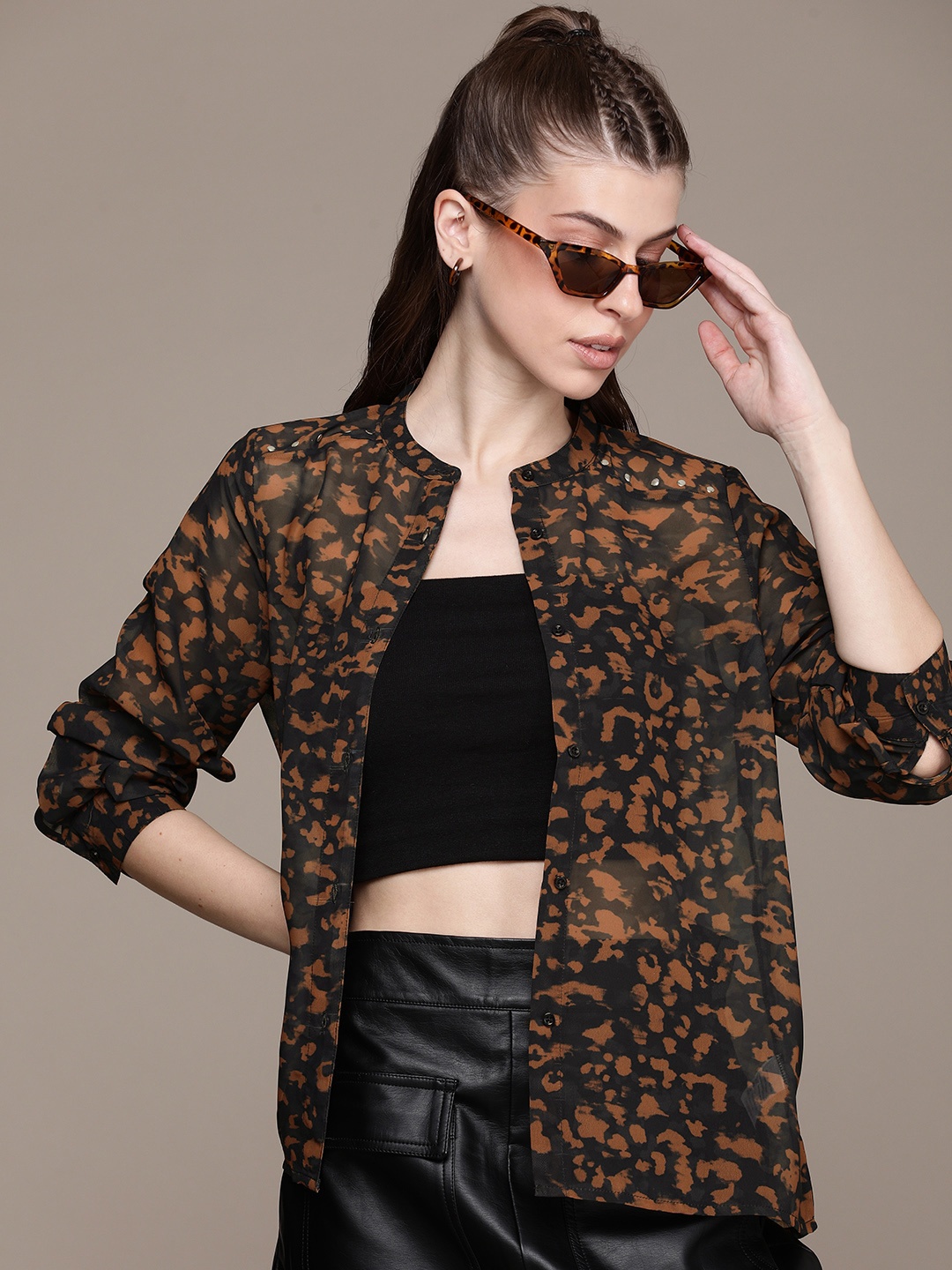 

The Roadster Lifestyle Co. Sheer Printed Casual Shirt, Black