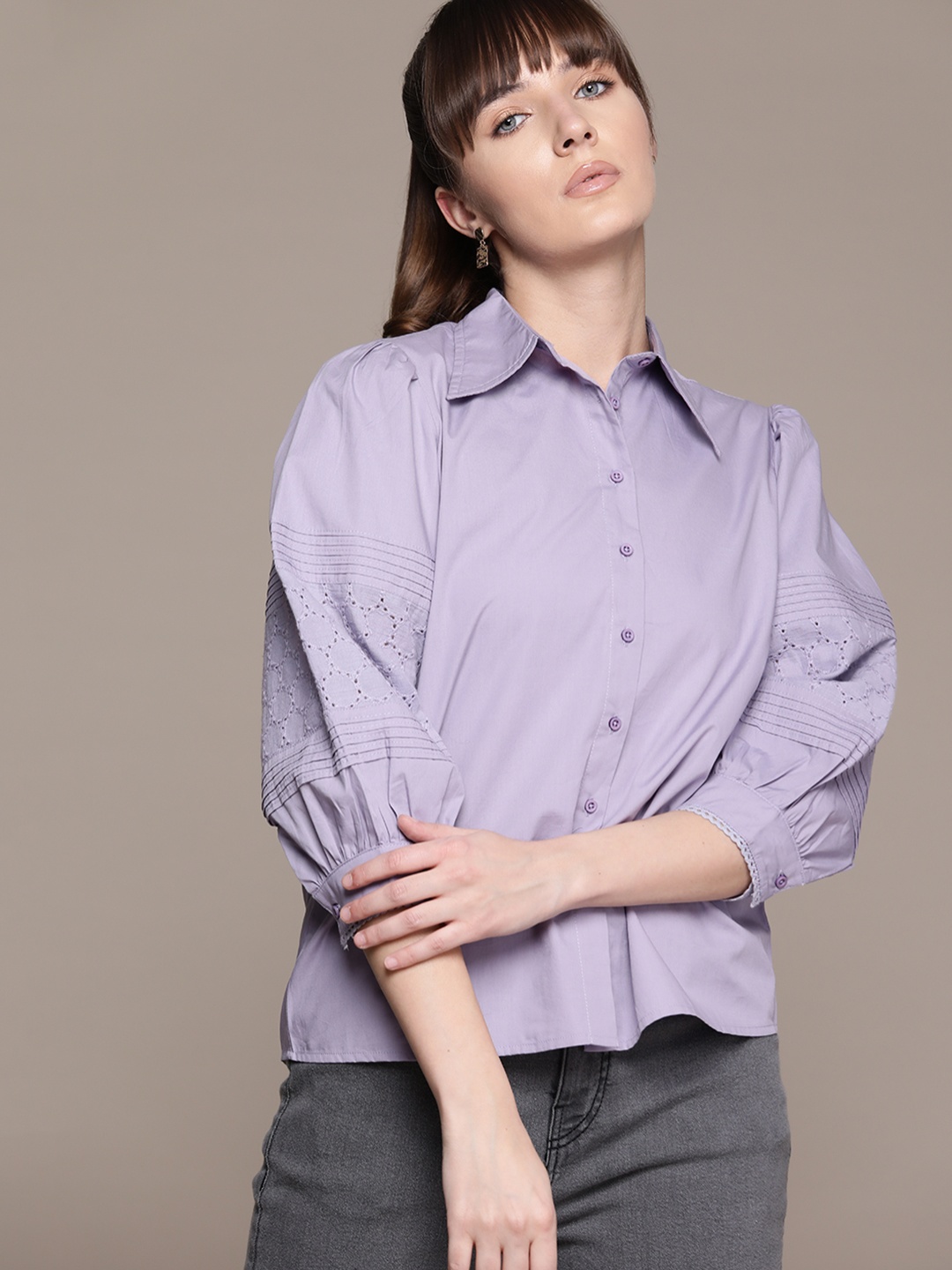 

The Roadster Lifestyle Co. Pure Cotton Schiffli Detailed Puff Sleeves Casual Shirt, Purple