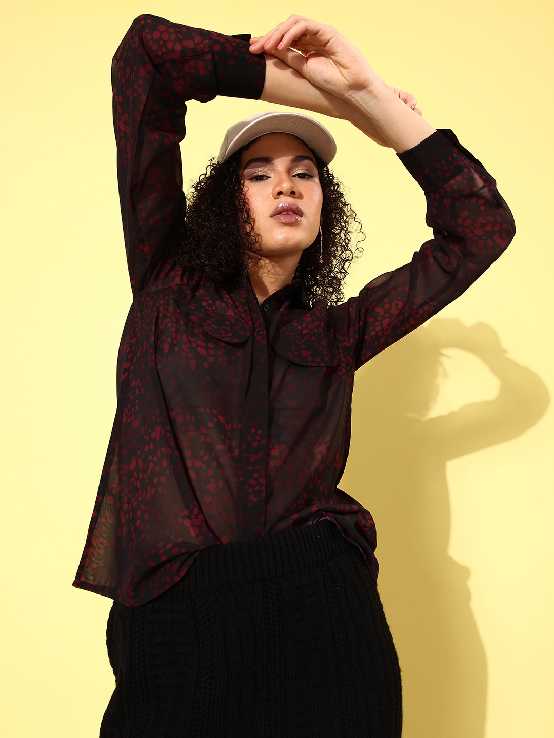 

The Roadster Life Co. Semi Sheer Printed Casual Shirt, Black