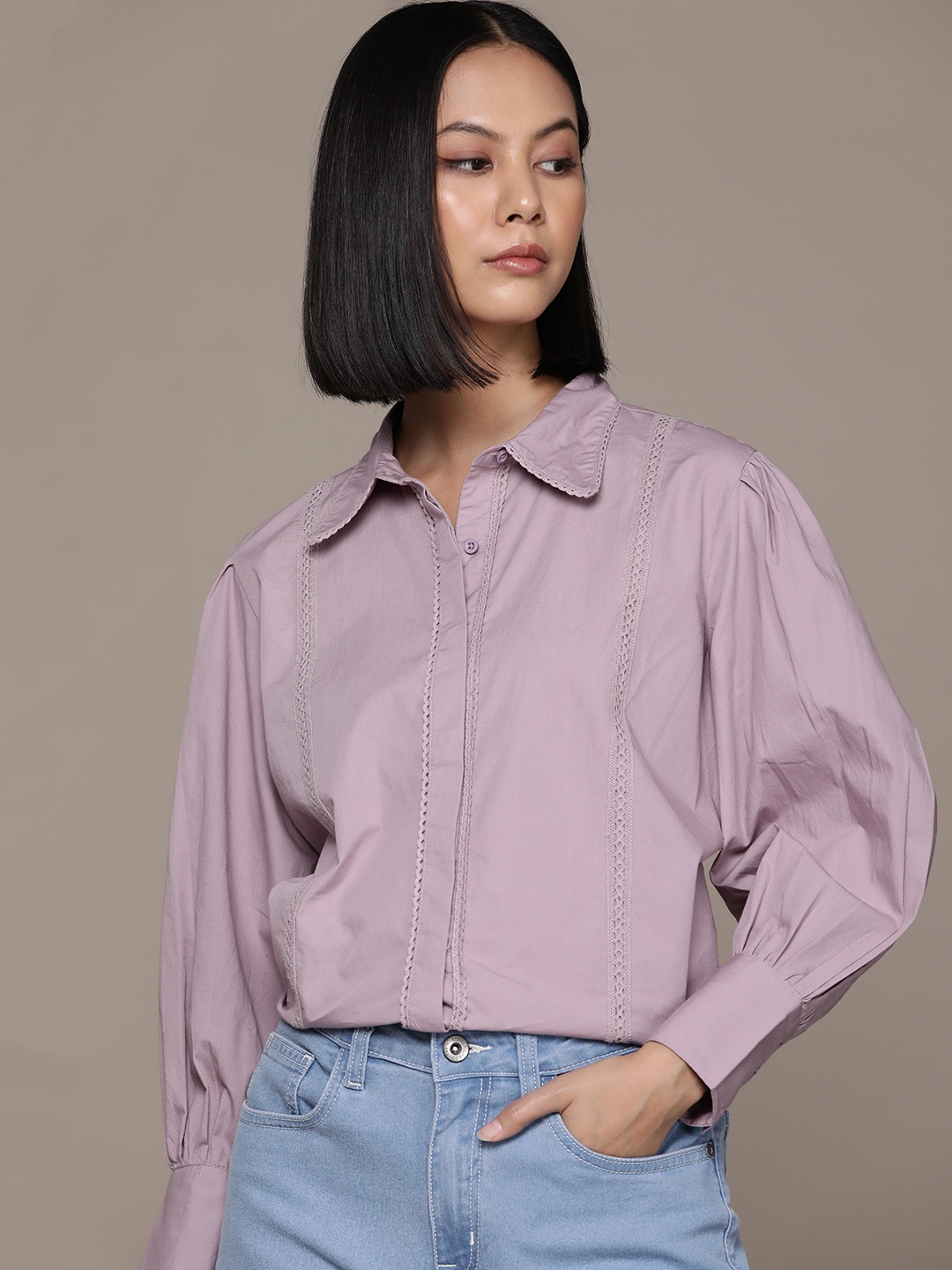 

The Roadster Lifestyle Co. Women Pure Cotton Lace Detail Casual Shirt, Mauve