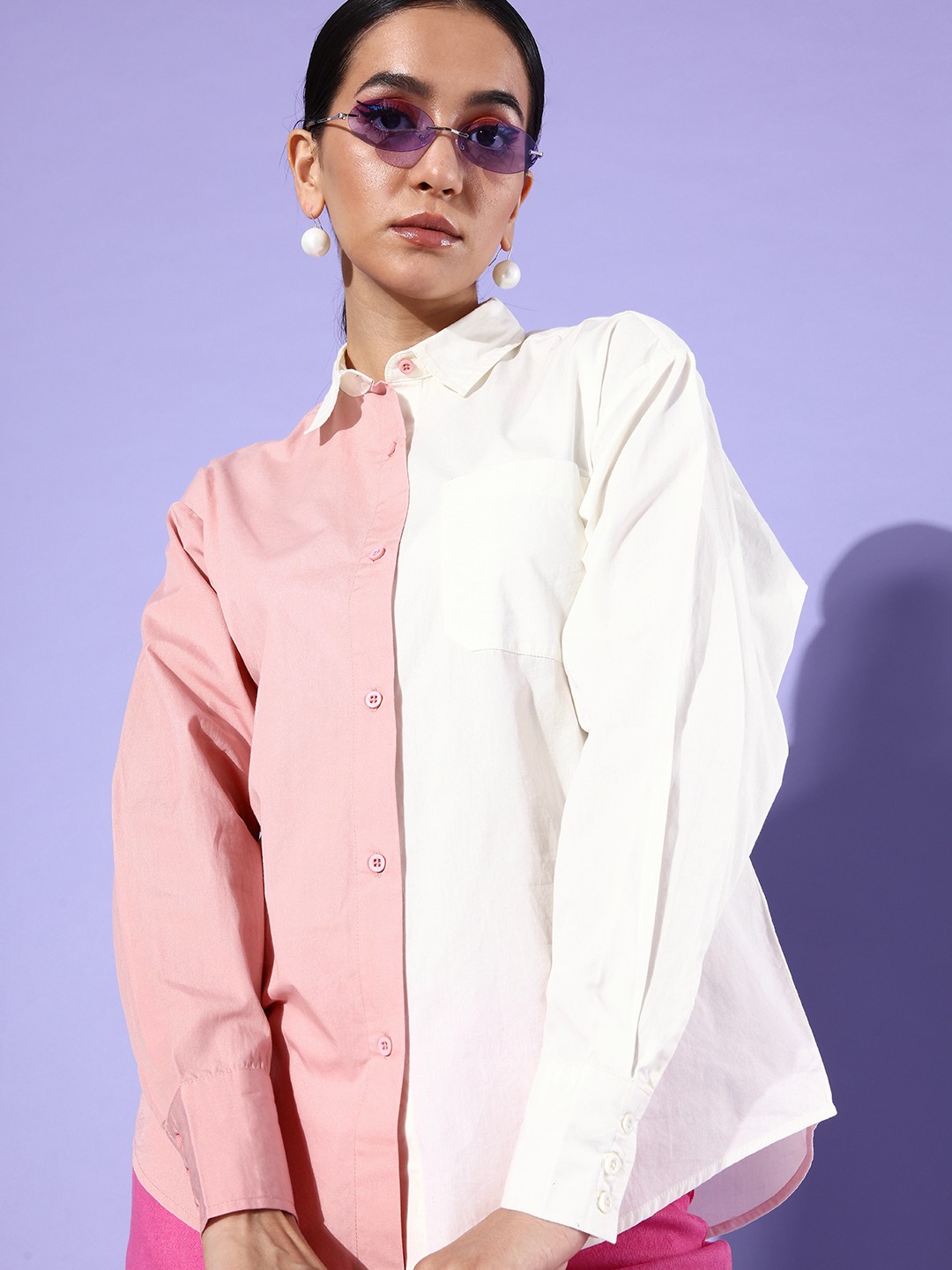 

The Roadster Life Co. Pure Cotton Colourblocked Longline Casual Shirt, Pink