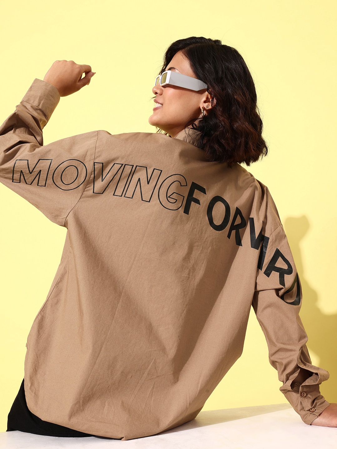 

The Roadster Life Co. Opaque Typography Printed Pure Cotton Oversized Casual Shirt, Brown