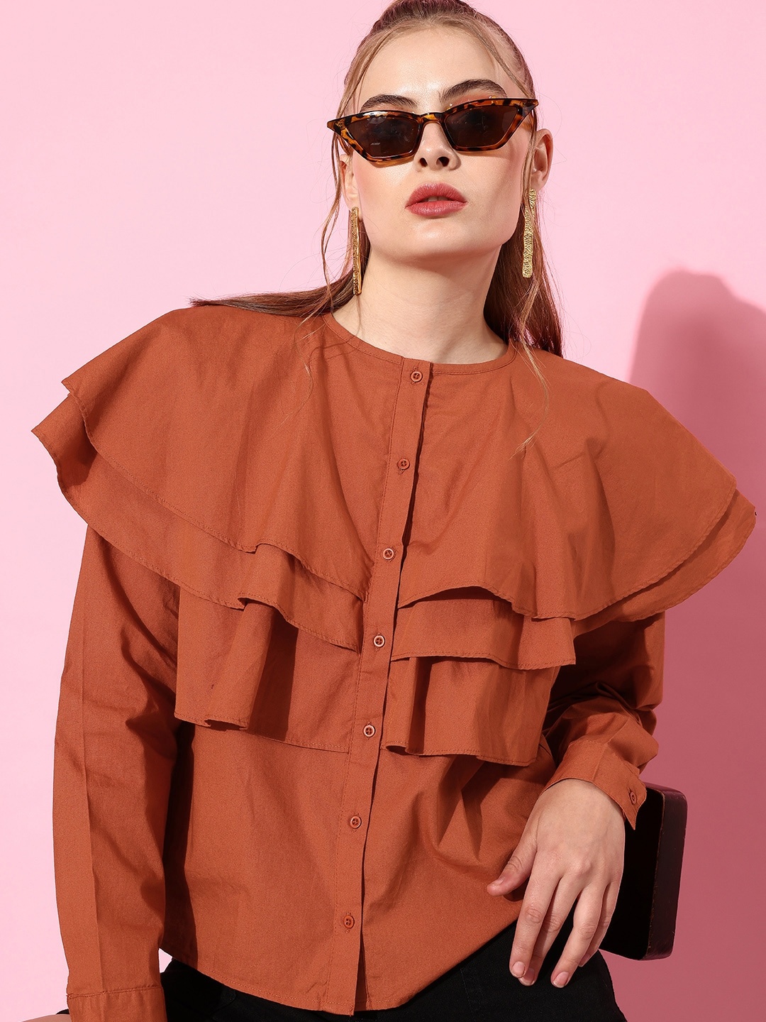 

The Roadster Life Co. Rust Orange Solid Pure Cotton Whimsical ruffles Shirt Style Top