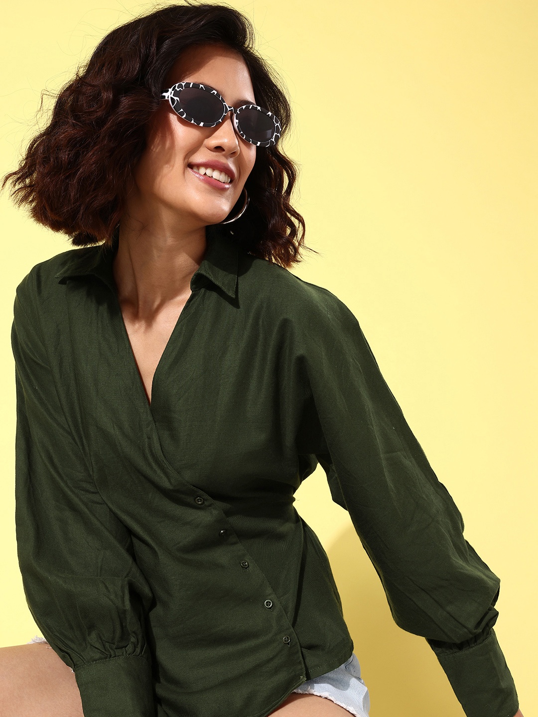 

The Roadster Life Co. Pure Cotton Wrap Detail Opaque Casual Shirt, Green
