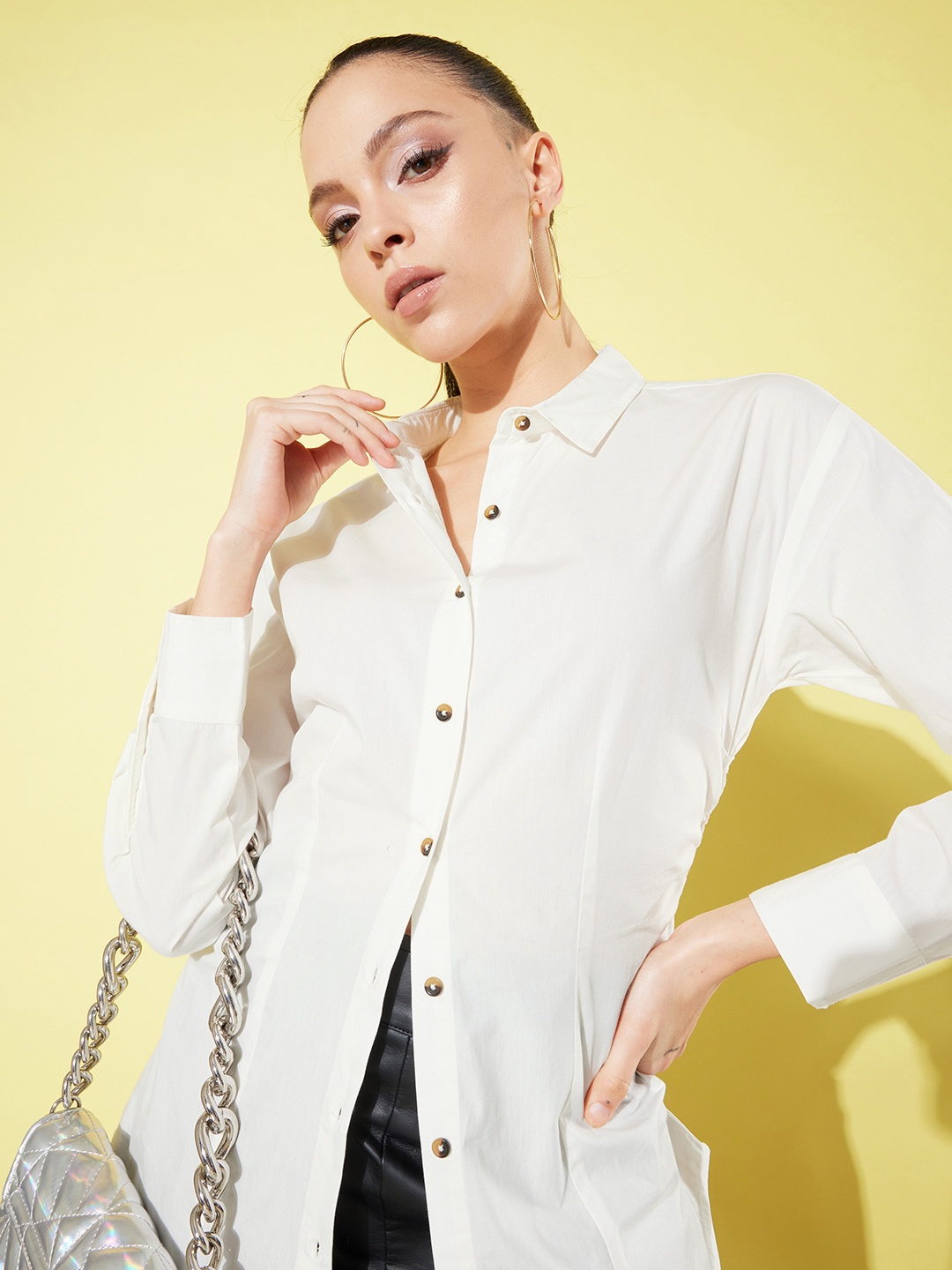 Roadster Women Crisp White Oversized Shirt with Side Ruching