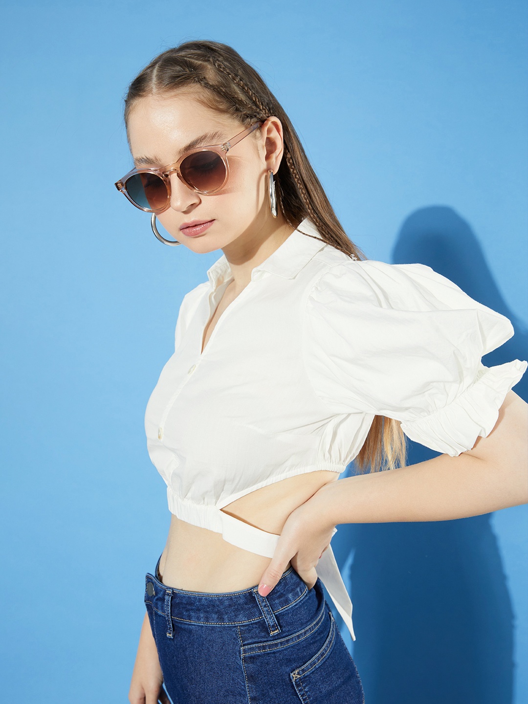 

The Roadster Life Co. Puff Sleeves Cotton Shirt Style Crop Top, White