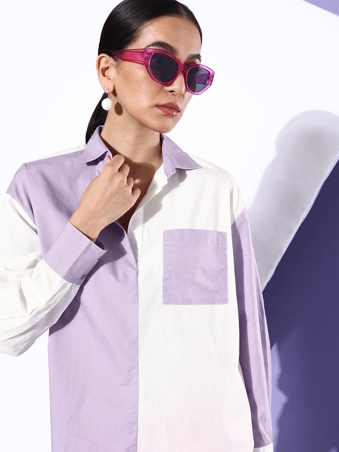 

The Roadster Life Co. Pure Cotton Relaxed Fit Colourblocked Longline Casual Shirt, Lavender