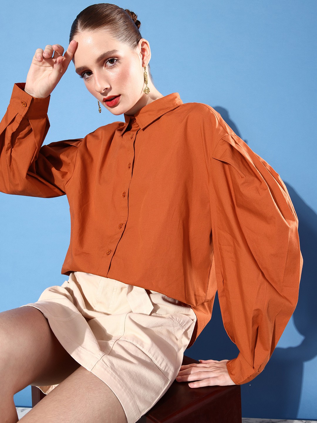 

The Roadster Life Co. Solid Drop Shoulder Balloon Sleeves Pure Cotton Casual Shirt, Rust