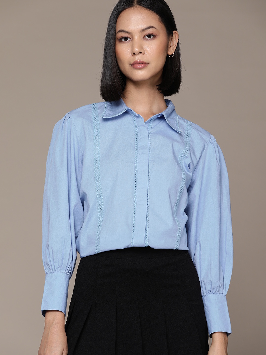 

The Roadster Lifestyle Co. Women Pure Cotton Lace Detail Casual Shirt, Blue