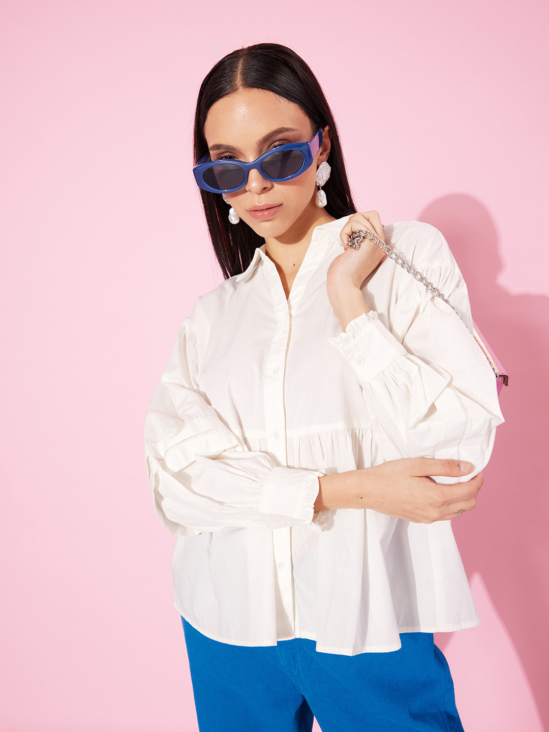 

The Roadster Life Co. Bright White Solid Pure Cotton Peplum Back to work shirt