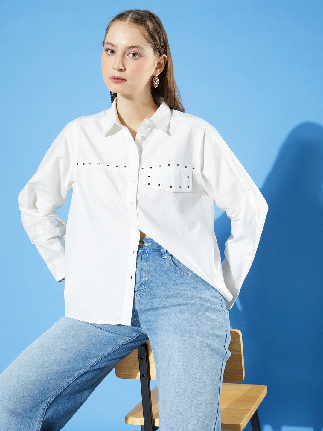 

The Roadster Life Co. Solid Pure Cotton Embellished Oversized Casual Shirt, White
