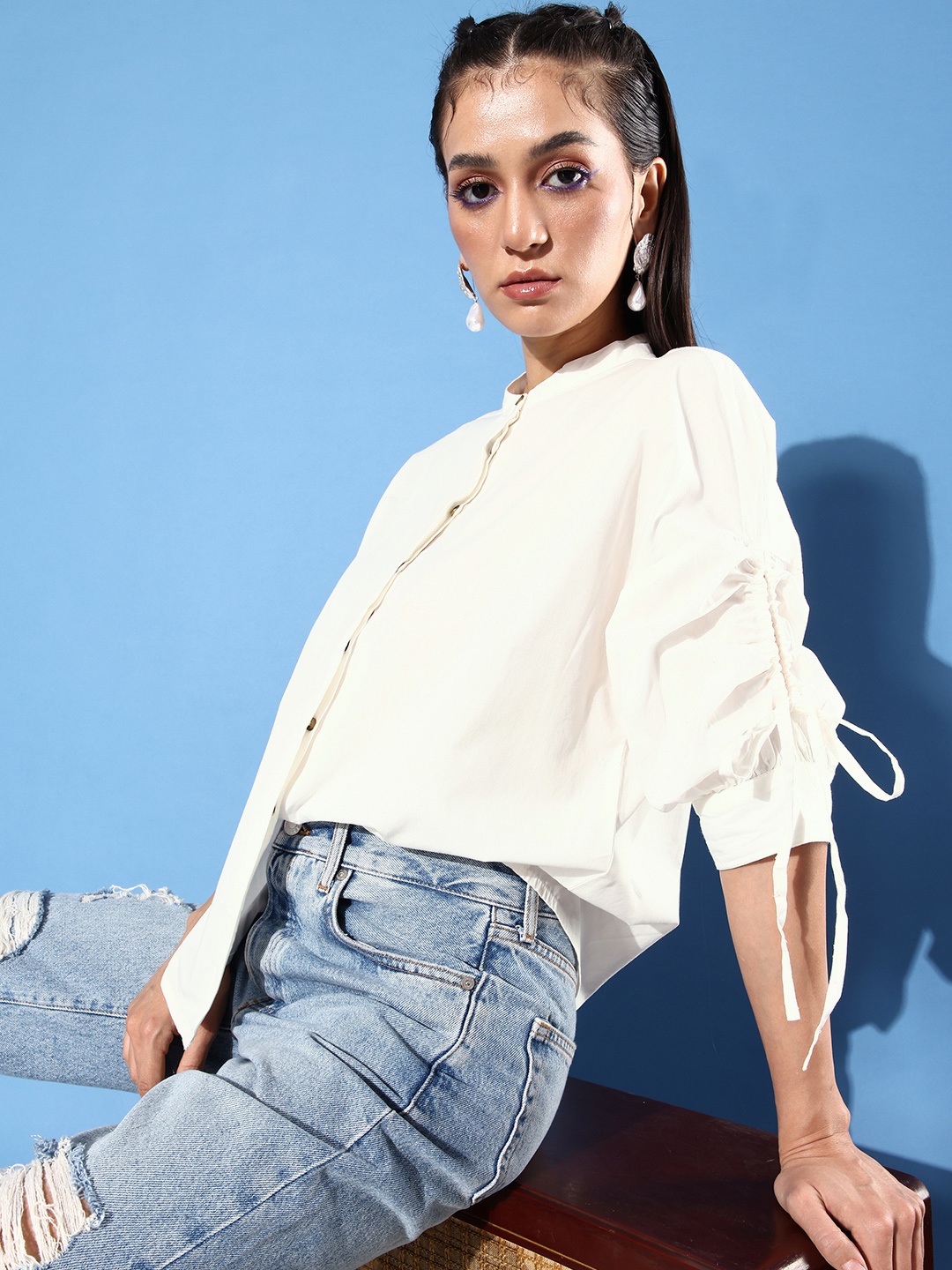 

The Roadster Life Co. Solid Pure Cotton Casual Shirt With Ruched Detail, White