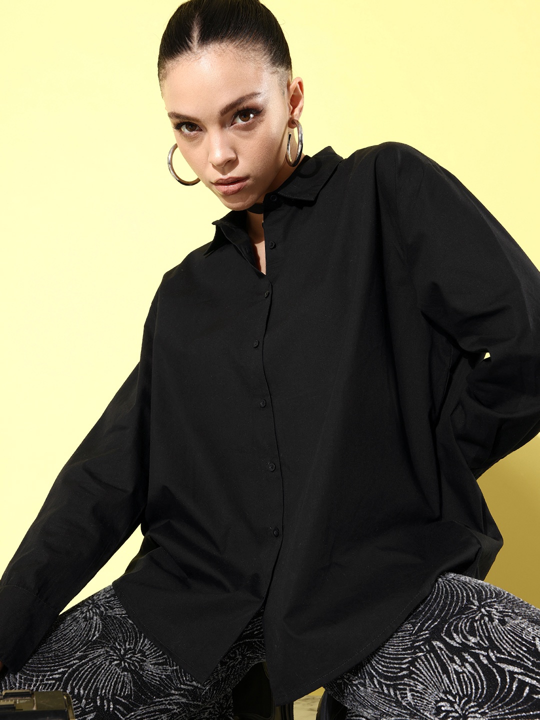 

Roadster Women Mushy Black Oversized Shirt with Back Button