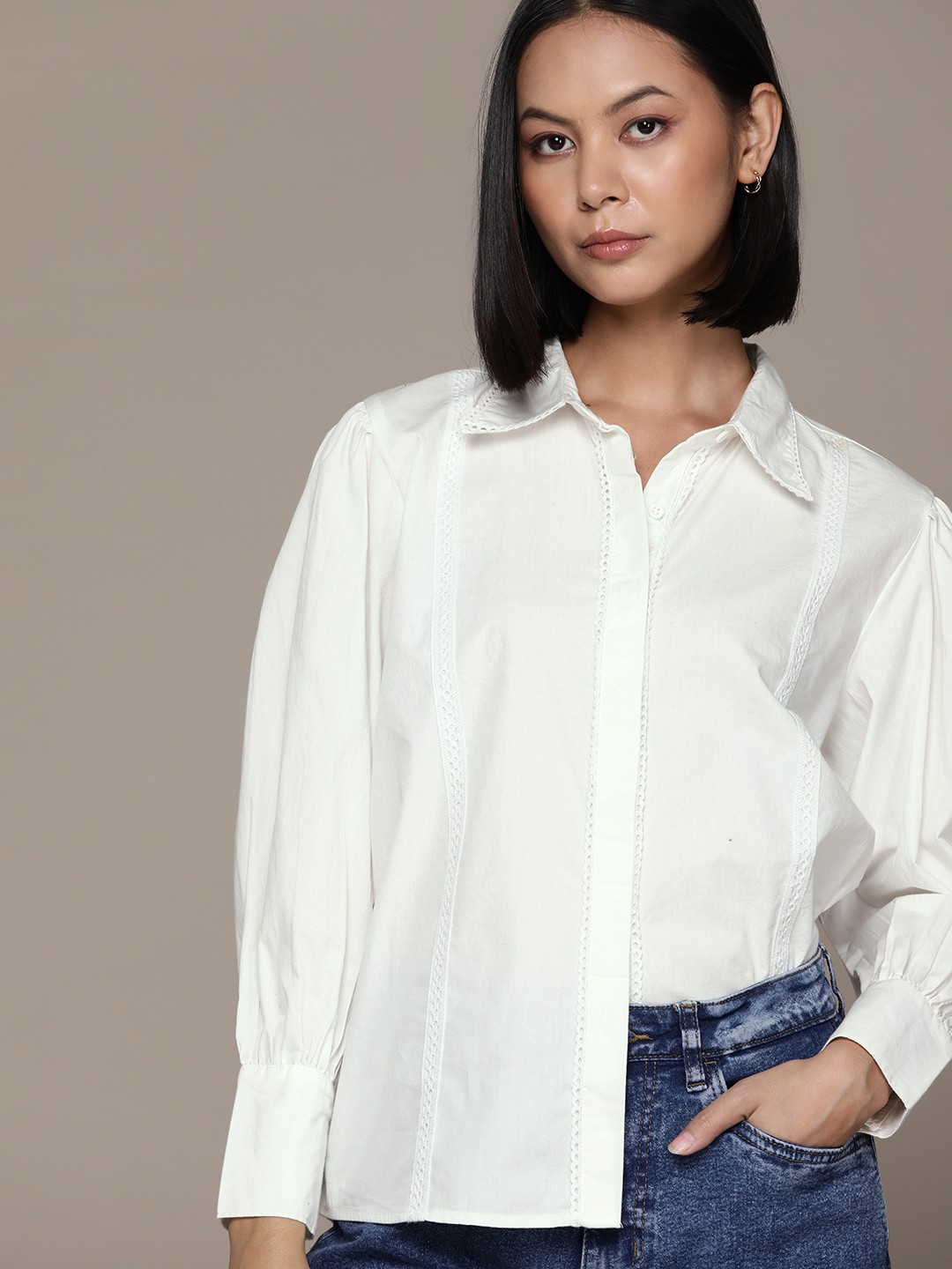 

The Roadster Lifestyle Co. Women Pure Cotton Lace Detail Casual Shirt, Off white