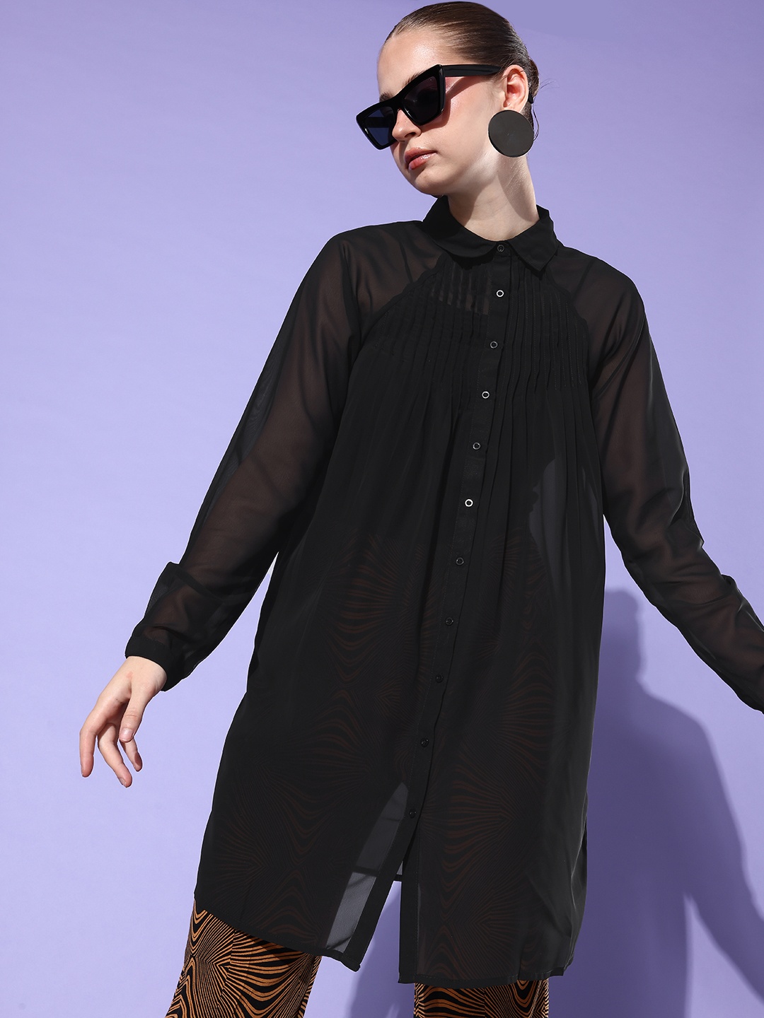 

The Roadster Life Co. Solid Semi Sheer Longline Casual Shirt, Black