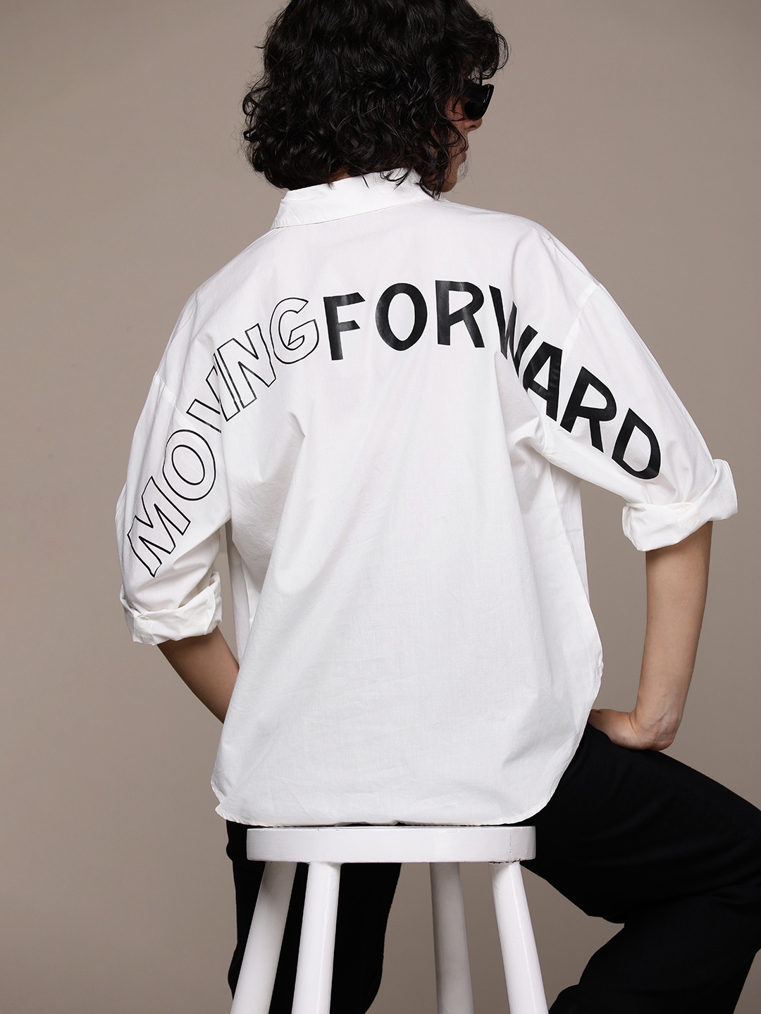 

The Roadster Life Co. Opaque Typography Printed Pure Cotton Oversized Casual Shirt, White