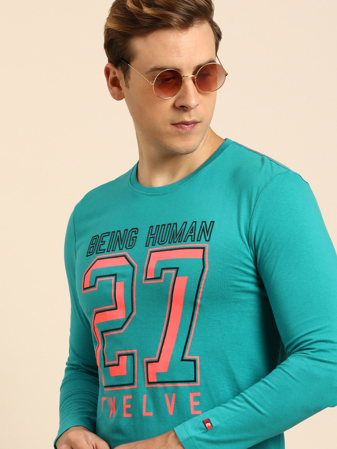 

Being Human Men Varsity Printed Pure Cotton T-shirt, Turquoise blue