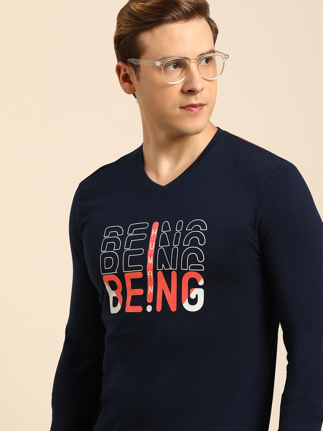 

Being Human Brand Logo Printed Pure Cotton T-shirt, Navy blue