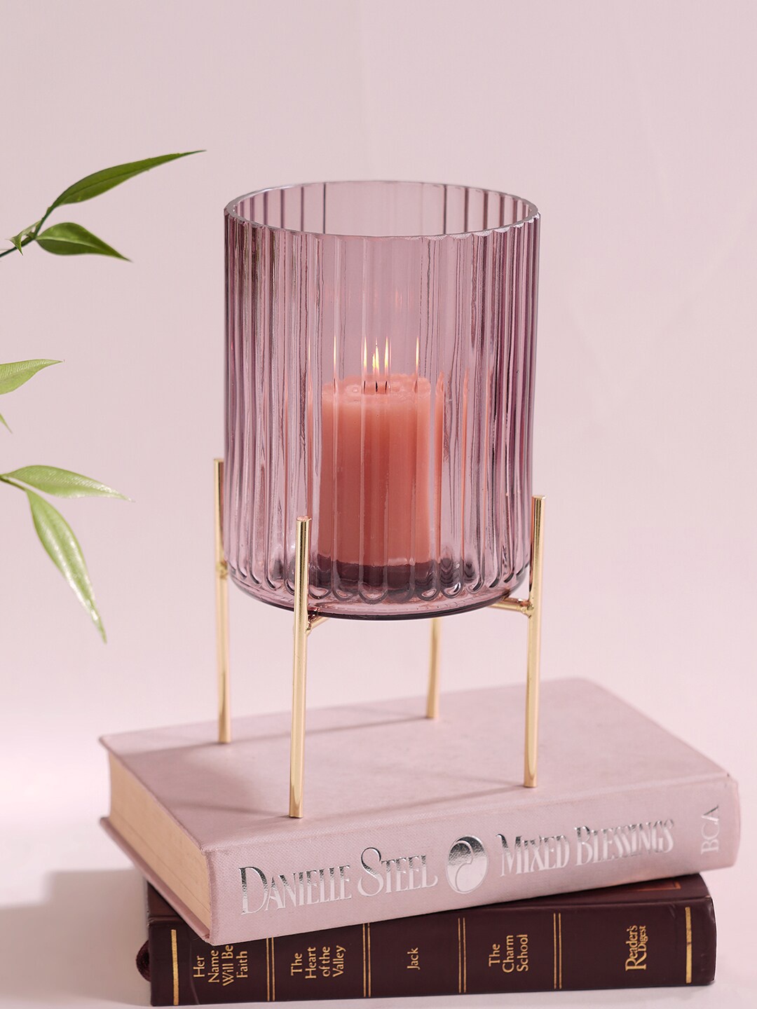 

Pure Home and Living Purple Ribbed Glass Hurricane With Metal Stand